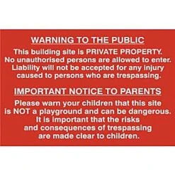 Centurion Building Site Warning To Public And Parents - PVC (600 X 400mm)